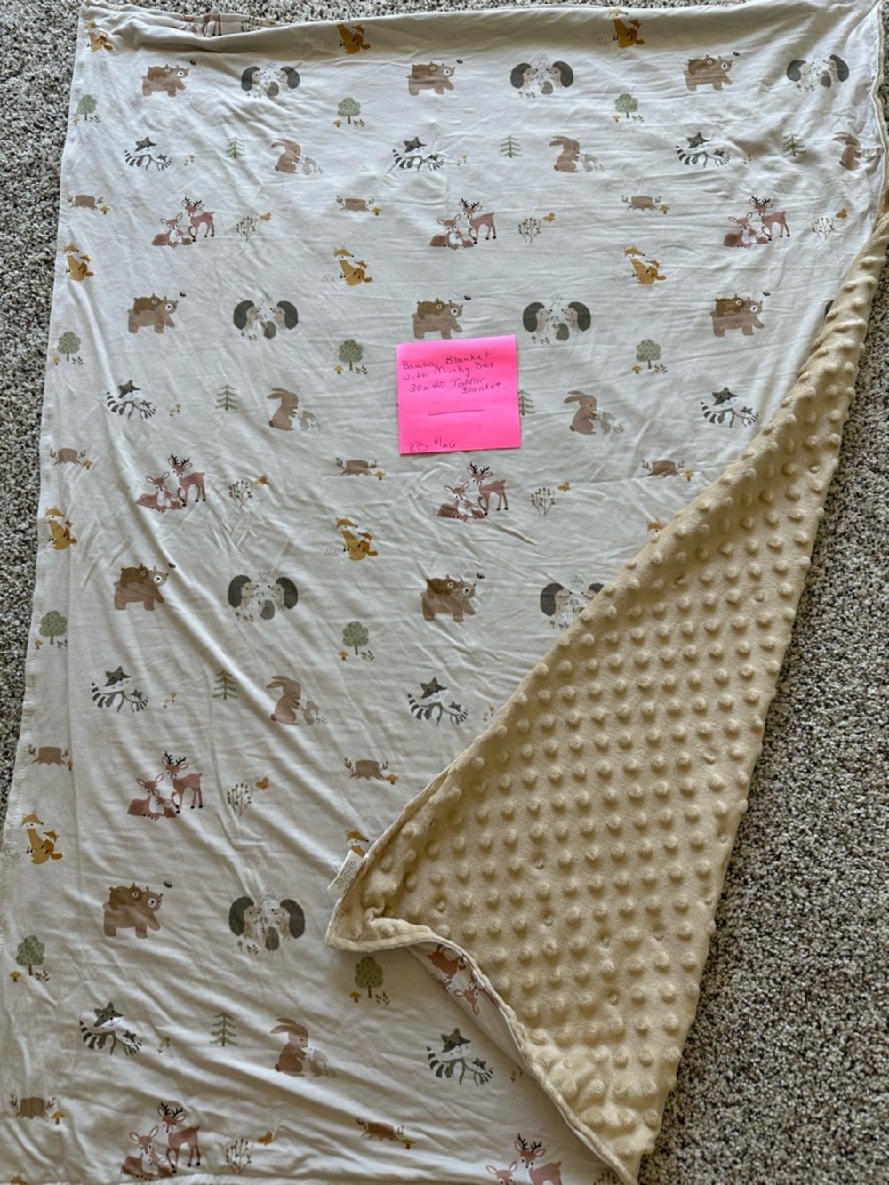 Beautiful Neutral Woodland Animal Baby Bamboo Blanket with Minky Back